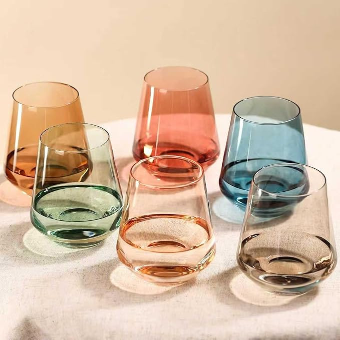 Colored Stemless Wine Glasses Set of 6 - 17 oz Hand-Blown Crystal Colored Glassware with no Stem,... | Amazon (US)