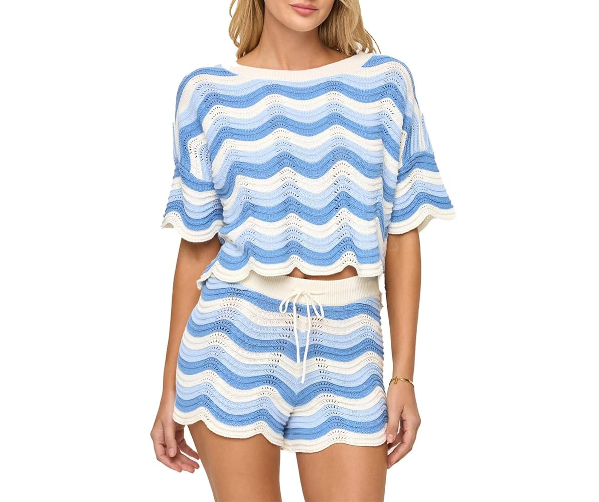 NIFTRIRY 2 Piece Sets for Women Short Sleeve Striepd Crochet Cover Up and Shorts with Drawstring ... | Amazon (US)