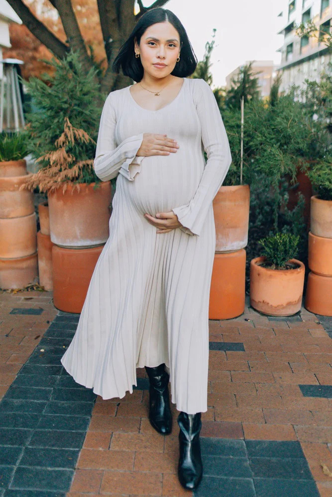 Taupe Ribbed Maternity Knit Maxi Dress | PinkBlush Maternity