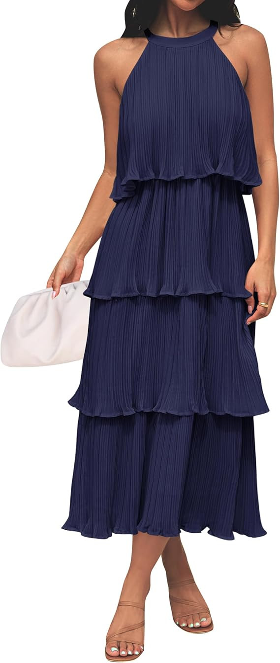 ZESICA Women's 2026 Summer Sleeveless Halter Neck Ruffle Tiered Layed Chiffon Flowy Swing Long Mi... | Amazon (US)