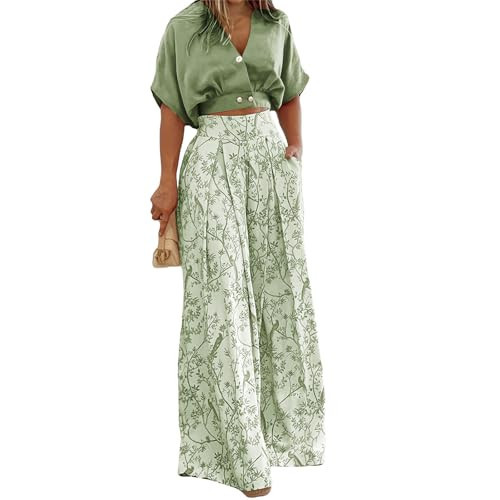 Two Piece Summer Sets for Women Floral Outfits Short Sleeve Crop Tops and Wide Leg Boho Pants Sets Vacation Clothes Green | Amazon (US)