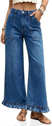 Cicy Bell Womens Ruffle Jeans Cropped High Waisted Baggy Trendy Denim Pants | Amazon (US)