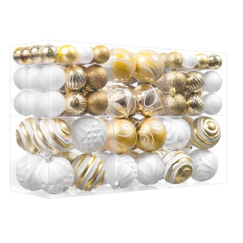 100Pcs Christmas Ball Ornaments Set, Shatterproof Plastic Gold and White Christmas Ornaments for Xmas Tree, Assorted Baubles Hanging Decorations for Holiday/Party/Wedding | Amazon (US)