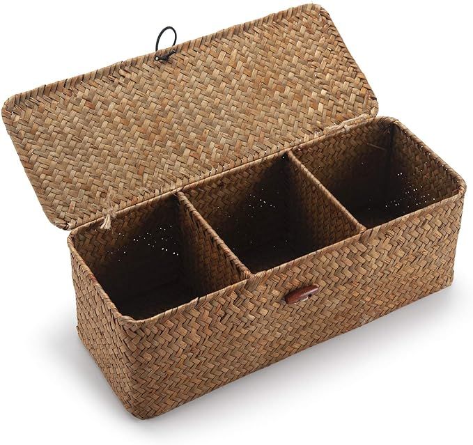 DOKOT Woven Rattan Storage Basket with Lid, Rectangular Seagrass Bin with Grid Home Organizer | Amazon (US)