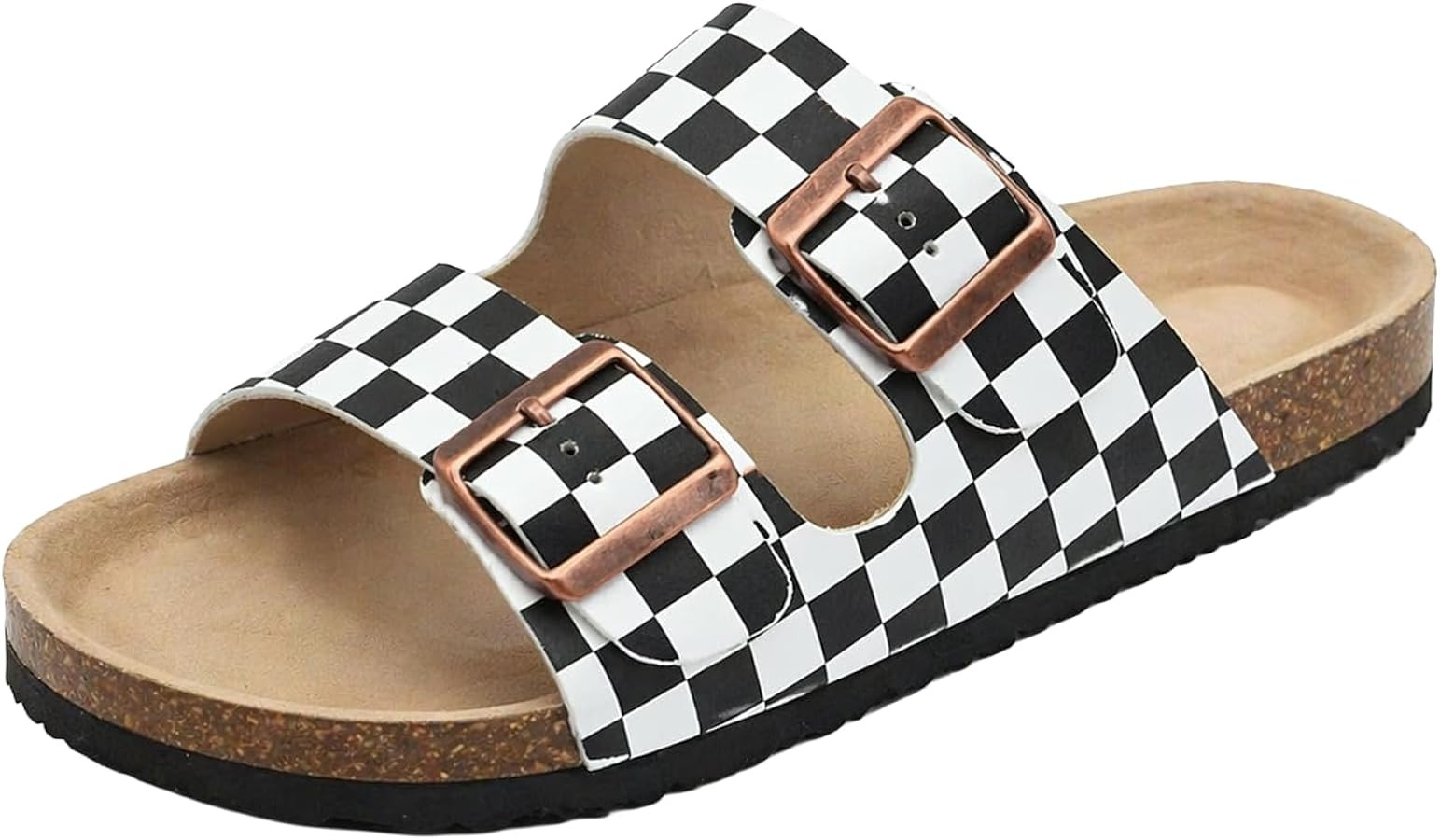 Checkered Sandals for Women Cork Footbed Double Buckle Slip on Slides Women Adjustable Strappy Ch... | Amazon (US)