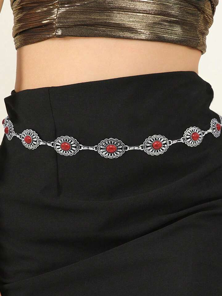 1PC Girls Bohemian Style Retro Metal Chain Belt With Red Agate Carved Waist Chain Decoration | SHEIN