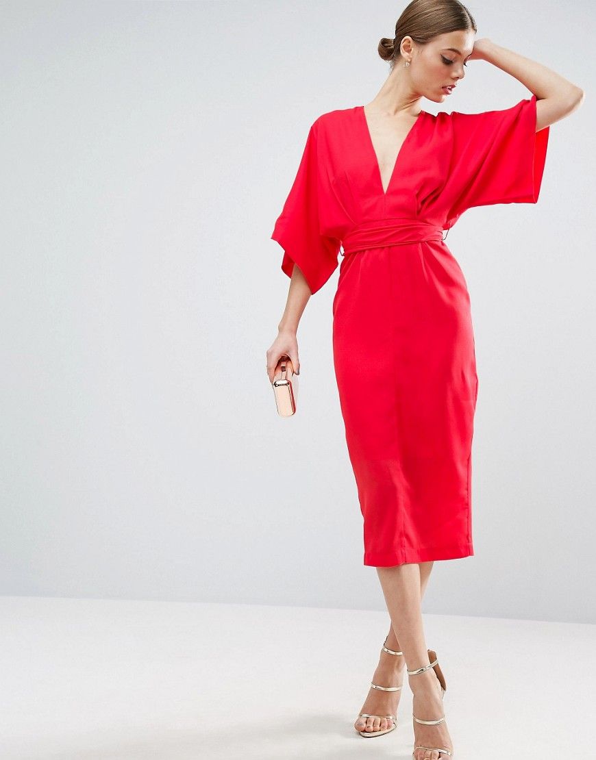 ASOS Kimono Plunge Midi Dress - Red | ASOS US