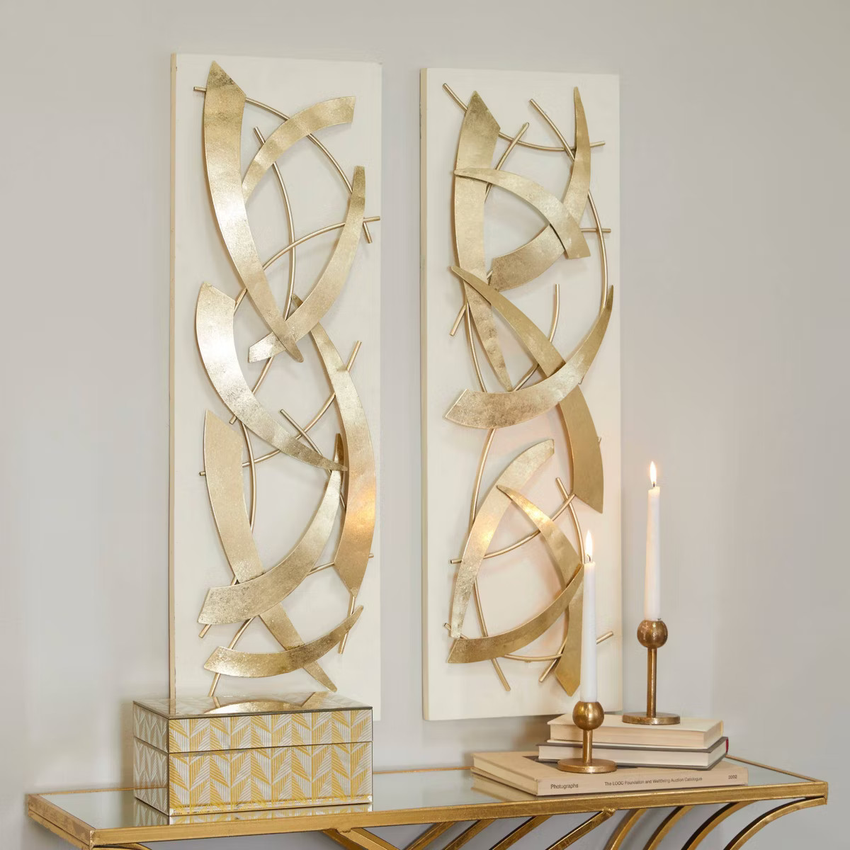 Set of 2 Metal Abstract Dimensional Wall Decors with Wood Backing Gold - Olivia & May | Target