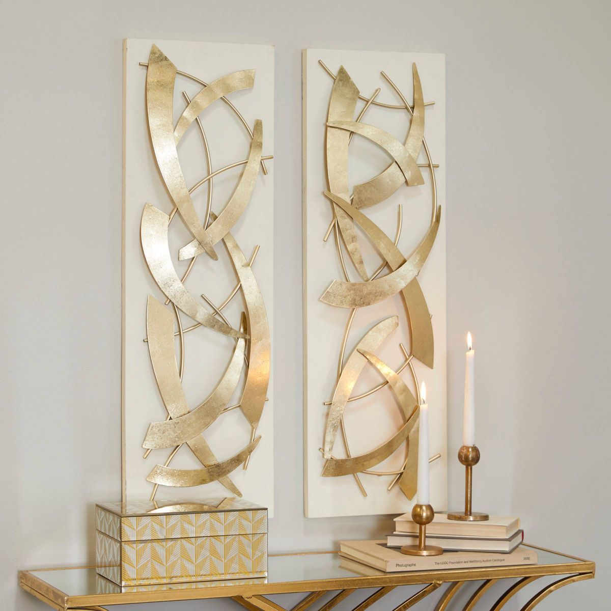 Set of 2 Metal Abstract Dimensional Wall Decors with Wood Backing Gold - Olivia & May | Target