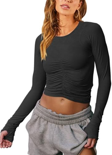 Vivitulip Women’s Long Sleeve Shirts Basic Fall Ruched Slim Fitted Crop Tops Tight Athletic Blo... | Amazon (US)