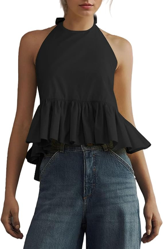Women Ruffle Hem Babydoll Peplum Top Halter Neck Backless Tank Tops Open Back Summer Vacation Flo... | Amazon (US)