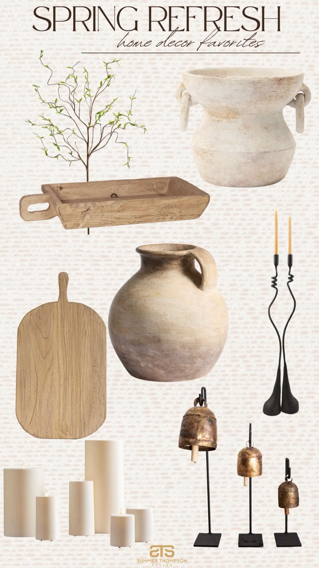 Spring refresh home decor favorites I am loving! Wooden serving board candle sticks bells vase tray faux stems neutral home spring refresh home decor finds

#LTKSeasonal #LTKHome #LTKSaleAlert