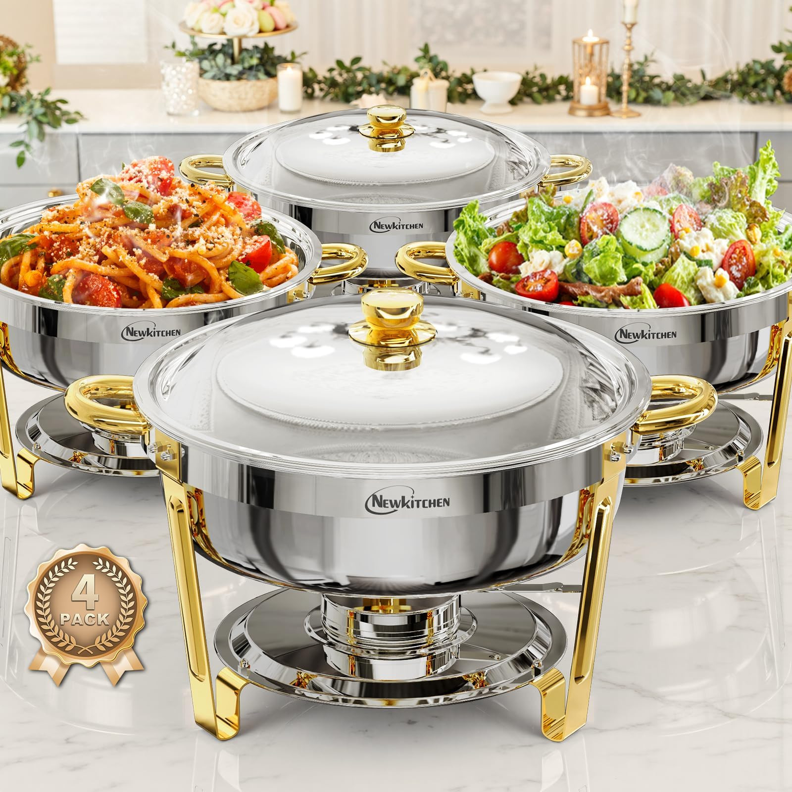 Chafing Dishes for Buffet 4 Pack, 6QT Round Chafing Dishes for Buffet [Elegant Gold and Silver Co... | Amazon (US)