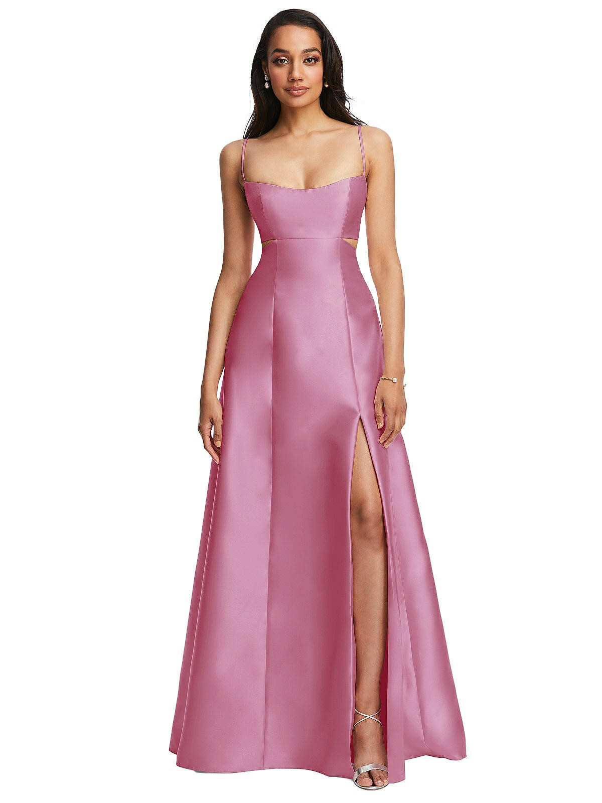 Open Neckline Cutout Satin Twill A-Line Gown with Pockets | The Dessy Group