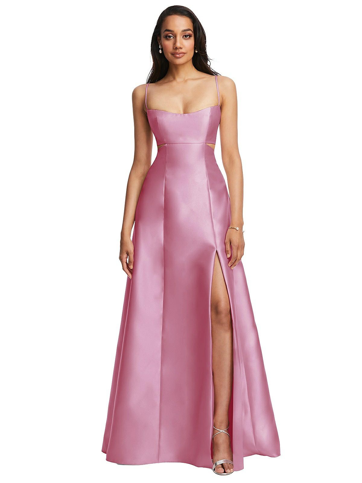Open Neckline Cutout Satin Twill A-Line Gown with Pockets | The Dessy Group