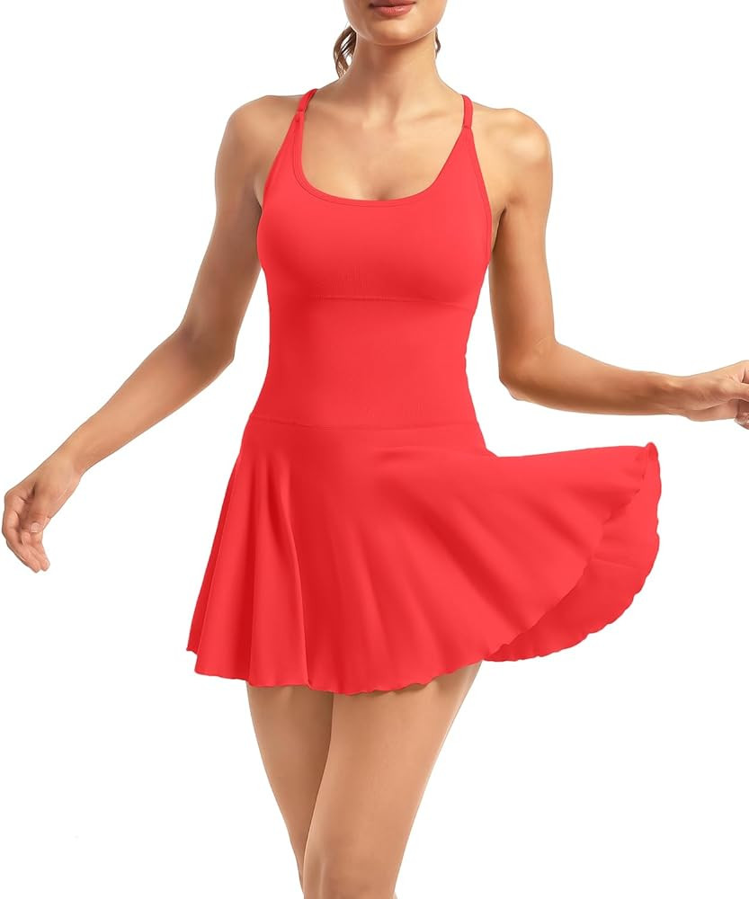 YOAKUKA Women's Flowy Tennis Dress with Built in Shorts & Bra Spaghetti Crossover Back Strap Athl... | Amazon (US)