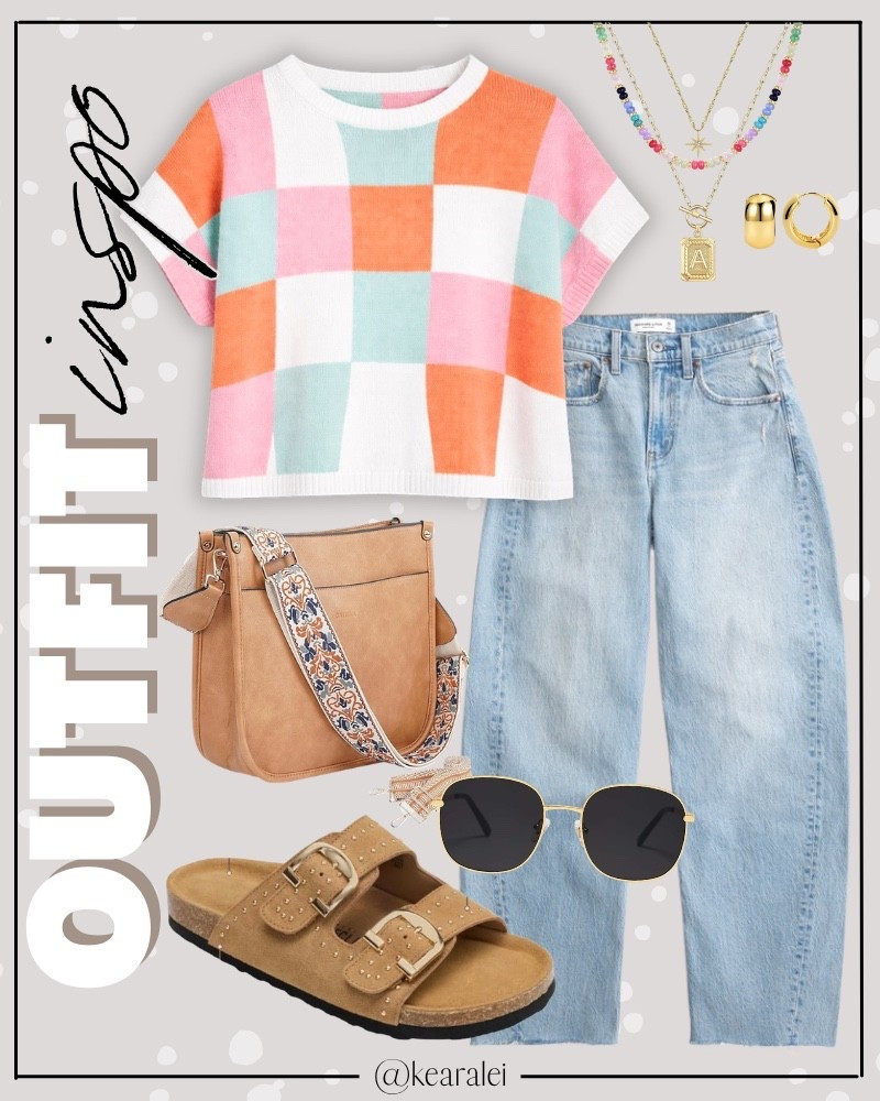 Spring outfits 2026 summer transition outfits Free People inspired outfit looks for less Amazon fashion affordable outfits pink orange blue checkers shirt checkered top knit top short sleeve sweater with high rise barrel leg wide leg jeans baggy denim medium blue jeans tan suede leather Birkenstock sandals slides lookalike cork sole  shoes boho outfit teenage girl outfit teenage girl gift guide casual mom outfit momiform business casual teacher outfit teaching workwear office work wear outfits || #freepeople #boho #amazon #fashion #summer
.
.
deals sales sale alert Amazon fashion, teacher outfits, business casual, casual outfits, neutrals, street style, Midi skirt, Maxi Dress, Swimsuit, Bikini, Travel, skinny Jeans, Puffer Jackets, Concert Outfits, Cocktail Dresses, Sweater dress, Sweaters, cardigans Fleece Pullovers, hoodies, button-downs, Oversized Sweatshirts, Jeans, High Waisted Leggings, dresses, joggers, fall Fashion, winter fashion, leather jacket, Sherpa jackets, Deals, shacket, Plaid Shirt Jackets, apple watch bands, lounge set, Date Night Outfits, Vacation outfits, Mom jeans, shorts, sunglasses, Disney outfits, Romper, jumpsuit, Airport outfits, biker shorts, Weekender bag, plus size fashion, Stanley cup tumbler, boots booties tall over the knee, ankle boots, Chelsea boots, combat boots, pointed toe, chunky sole, heel, high heels, mules, clogs, sneakers, slip on shoes, Nike, adidas, vans, dr. marten’s, ugg slippers, golden goose, sandals, high heels, loafers, Birkenstocks


#LTKSaleAlert #LTKootd #LTKSeasonal