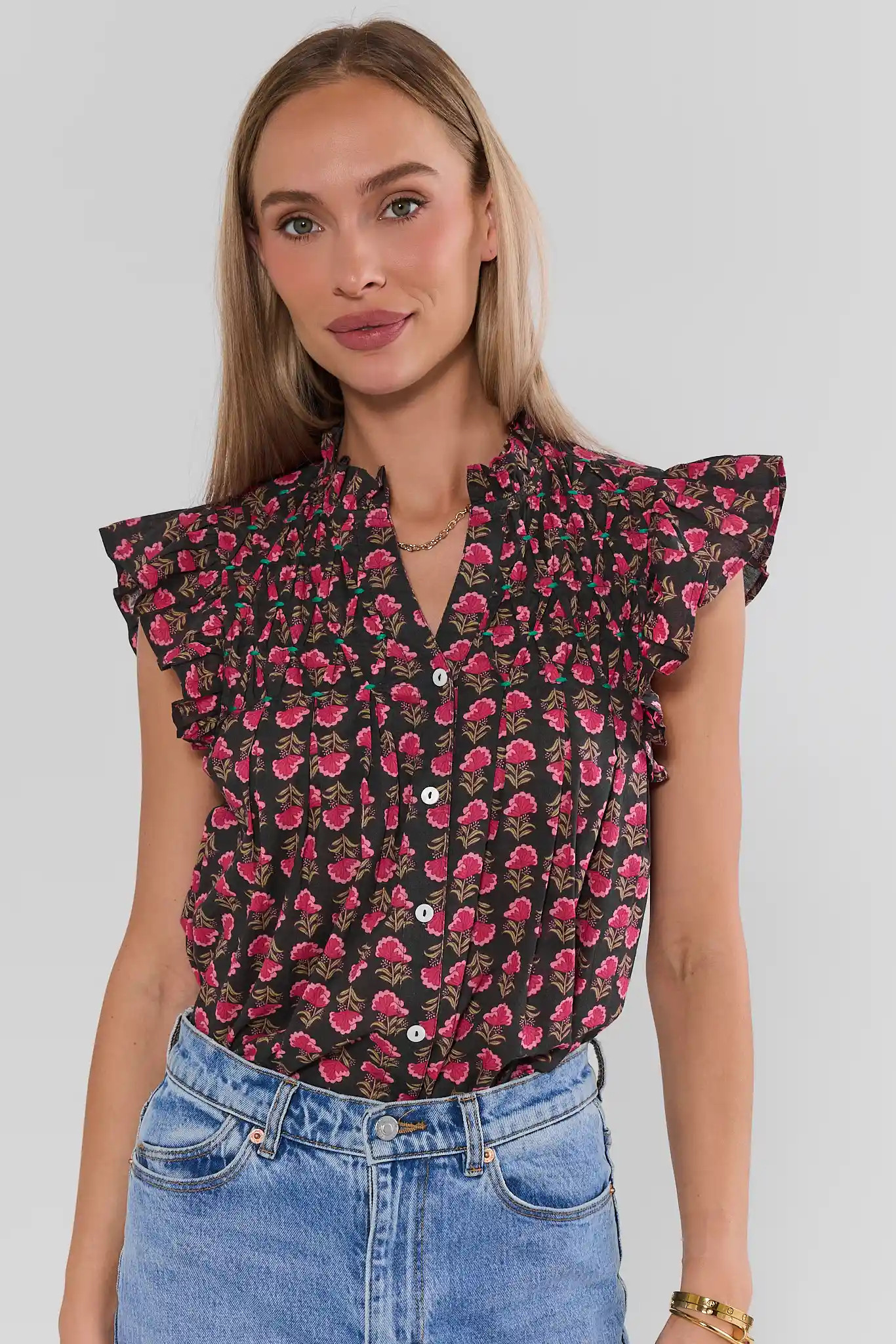 Brown Floral Print Button Up Top by THML | Avara
