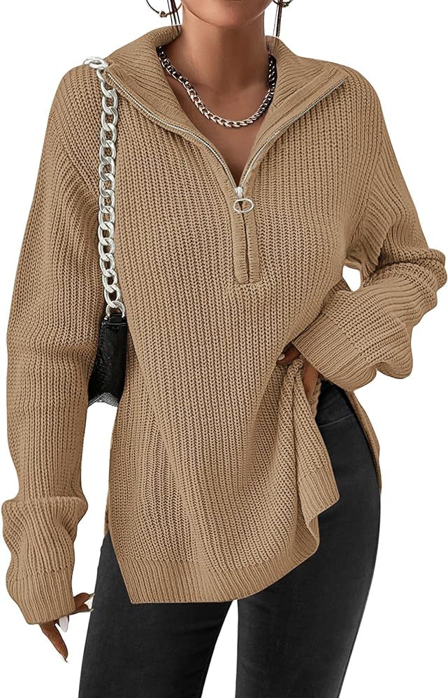 Zeagoo Women's Fashion 2023 Sweaters Quarter Zip Pullover Long Oversized Knit Sweater Winter Clot... | Amazon (US)