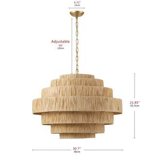 Boho 30.7 in. 5-Light 7-Tier Gold Hand-Woven Rattan Wicker Chandelier with Large Paper Shade | The Home Depot