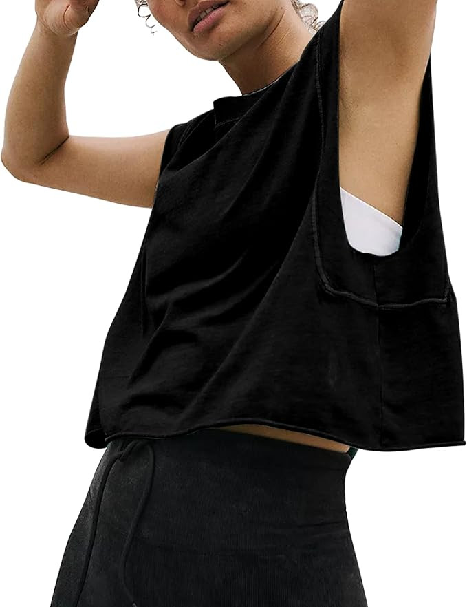 HUGOOME Women Workout Tank Tops Oversized Crop Sleeveless Tee Loose Fit Boxy Basic Yoga Active Su... | Amazon (US)