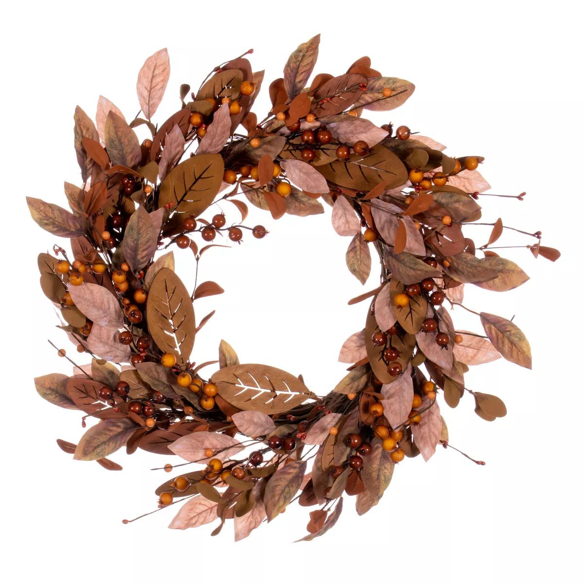 Vickerman 22" Artificial Light Brown Fall Berry and Wood Leaf Wreath | Target