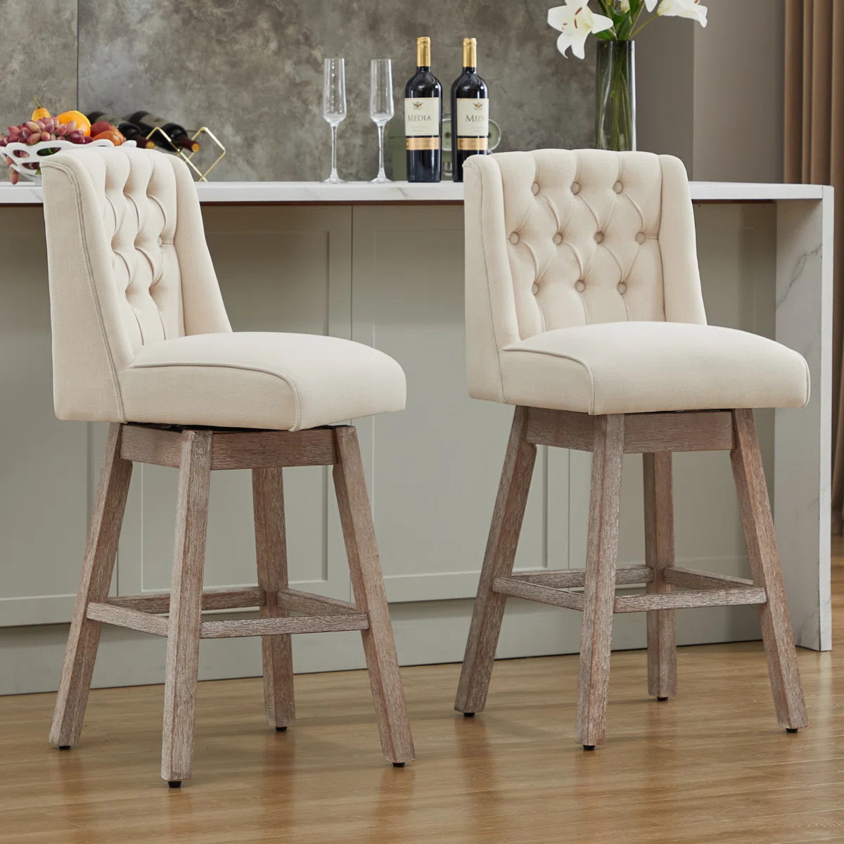 Terron 360° Swivel Upholstered Bar Stools with Wood Legs (Set of 2) | Wayfair North America