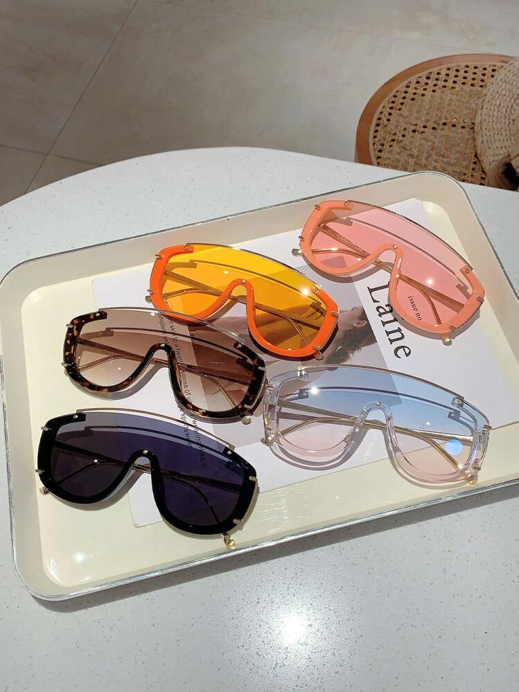 1Pc Women Shield Shaped Semi-Rimless Fashion Glasses Stylish Integrated Lens Design Glasses Fashion Gradient Color Eyewear Luxurious Studded Decorative Shades Beach Accessories For Women Glasses Shades | SHEIN