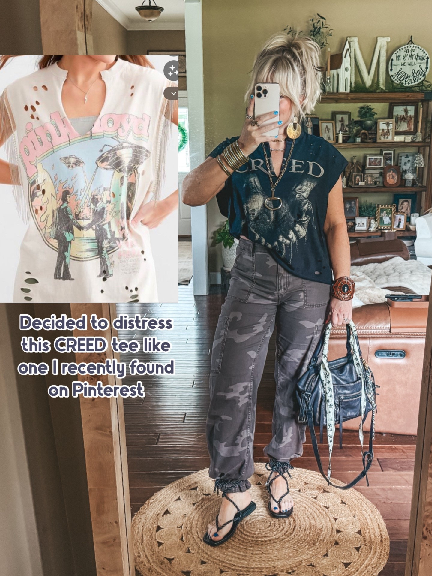 This is a cute way to cut! If you’re not into distressing then leave that part out! I think it’s fun for a different vibe. 
Tee Xl but wish I had done a large 
Cami underneath M/L 
Camo pants M
Sandals true to size
✨Save w/ code MANDIE @beljoy 
✨Save w/ code MANDIE @kcchicdesigns 
✨Earrings are twisted silver on Instagram save their with code MANDIE20
#walmartfinds #camopants #walmartfashion

#LTKootd #LTKgrwm #LTKOver40