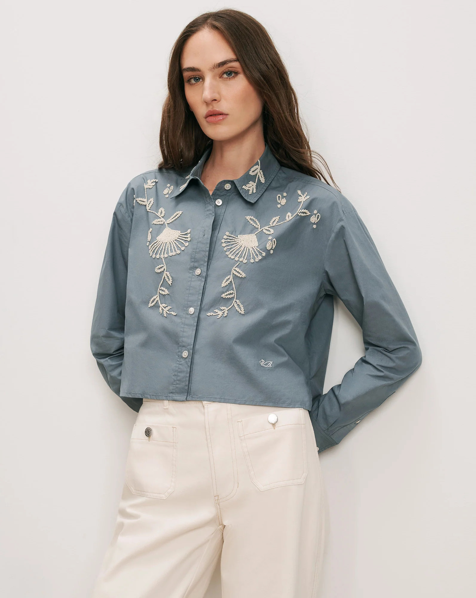 Veronica Beard Aderes Beaded Button-Down Shirt Blue Steel | Veronica Beard