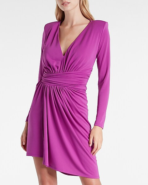 Draped V-Neck Strong Shoulder Mini Dress | Express