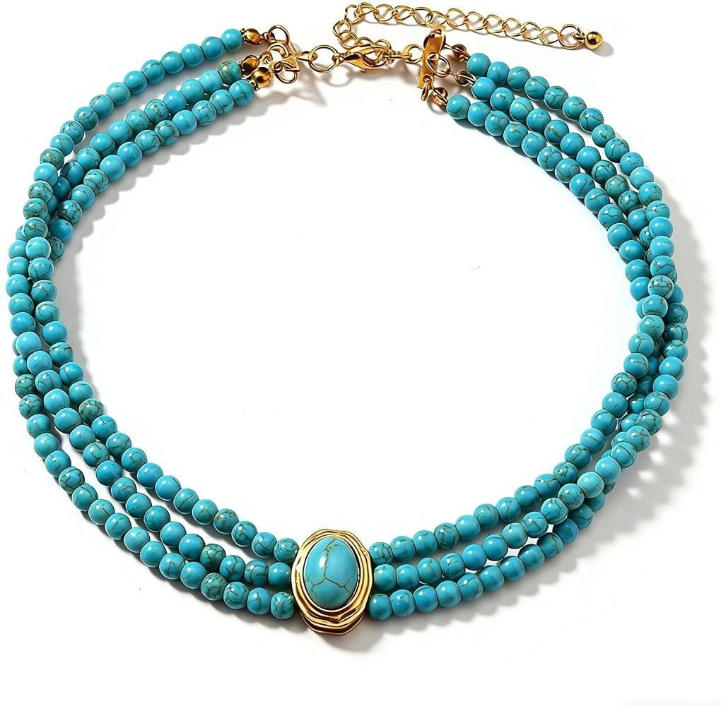 SukAmi Turquoise Choker Necklace Women 3 Layers Necklace Multi Strands Necklace 20s Turquoise Bib... | Amazon (US)