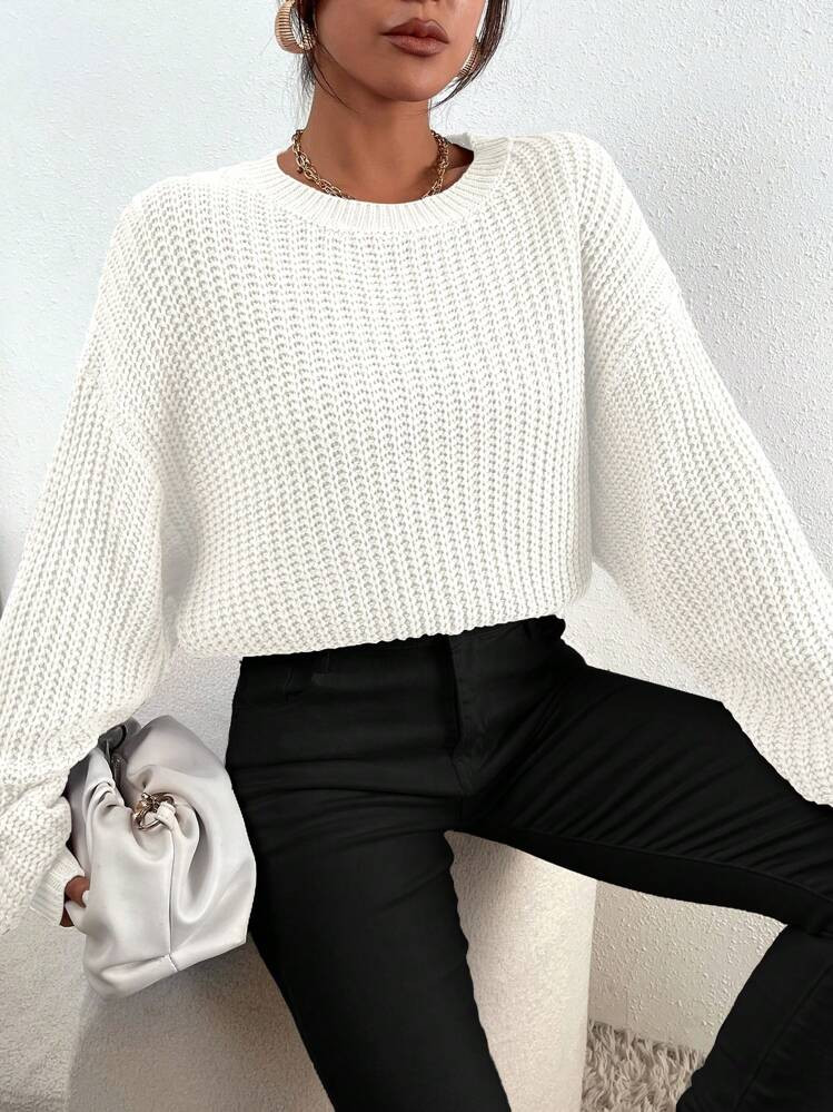 Women's Solid Color Ribbed Knit Drop Shoulder Sweater, Casual Long Sleeve Regular Fit White Pullover Sweater, Long Sleeve Top | SHEIN