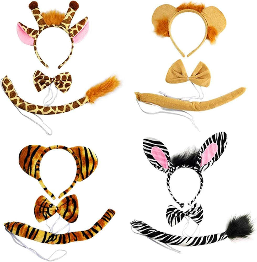 4 Sets Zoo Animal Headbands for Adults, Halloween Ears and Tail Set Costume Accessory | Amazon (US)