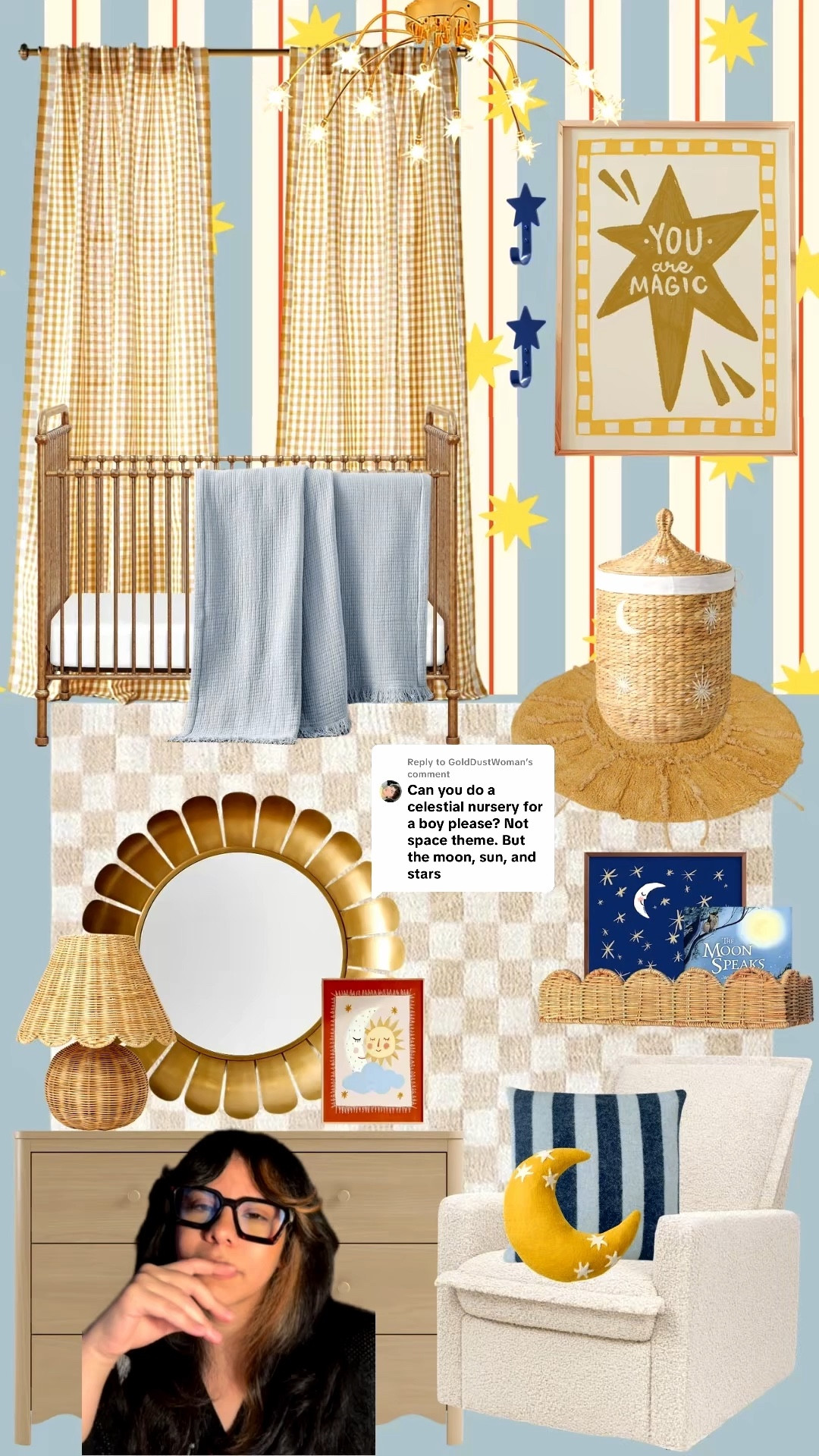 A cozy moon, sun, and stars nursery designed to feel playful, whimsical, and timeless 🌙☀️⭐️

For this space, I wanted a celestial theme that felt vintage-inspired rather than overly space-themed — layering striped wallpaper, yello gingham curtains, and a gold crib to create a soft storybook foundation. Navy accents add contrast while rattan textures and cozy layers bring warmth and balance throughout the room.

The result is a boy nursery design that feels magical for baby years but will gain so much character over time.

#LTKHome #LTKBump #LTKBaby