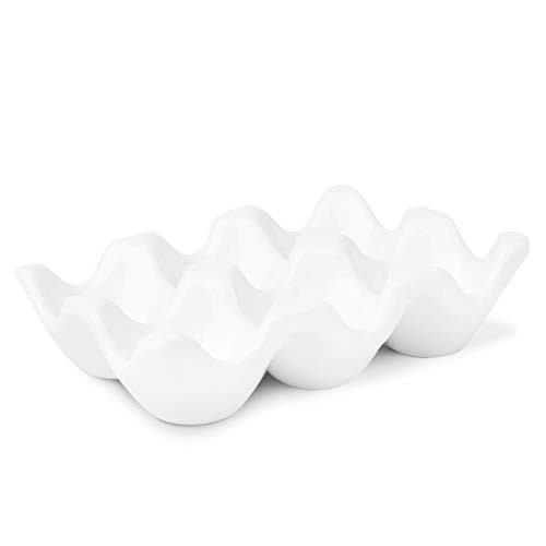 Flexzion Ceramic Egg Holder for Fridge - 6 Cups Egg Tray Half Dozen Porcelain Container Keeper Storage Organizer Decorative Serving Dish Serveware for Refrigerator Countertop Display Kitchen (White) | Amazon (US)