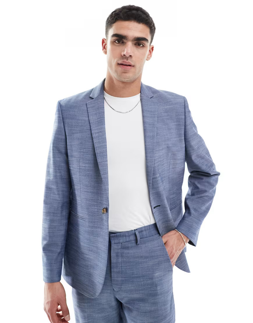 ASOS DESIGN linen look slim suit jacket in blue | ASOS (Global)