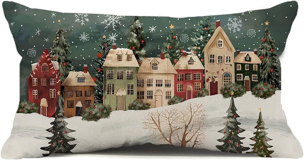 Winter Lumbar Decorative Rectangle Pillow Cover 12 x 20, Wonderland Forest House Snowflake Vintag... | Amazon (US)