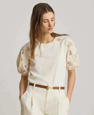 Lauren Ralph Lauren Women's Crewneck Eyelet-Bubble-Sleeve Top - Mascarpone Cream | Macy's