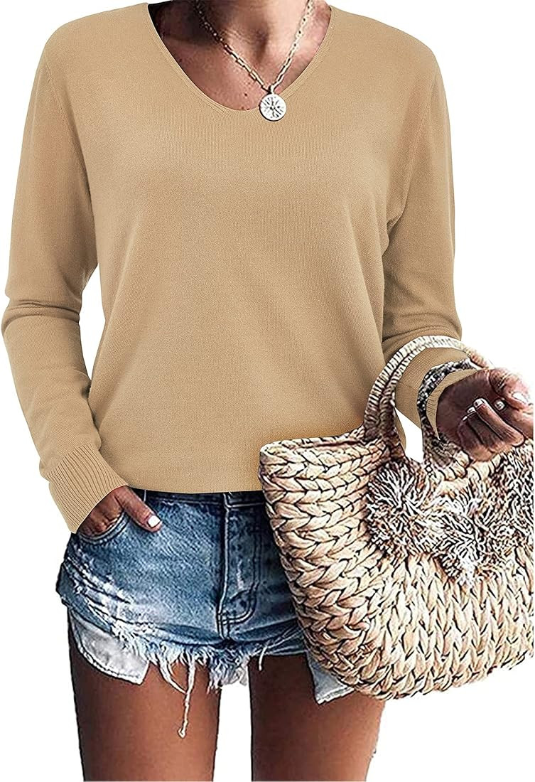LAISHEN Women's V Neck Long Sleeve Casual Lightweight Pullover Sweater Loose Fit Ribbed Knit Tops | Amazon (US)