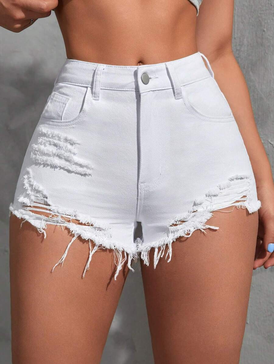 SHEIN PETITE Ripped Raw Hem Denim Shorts | SHEIN