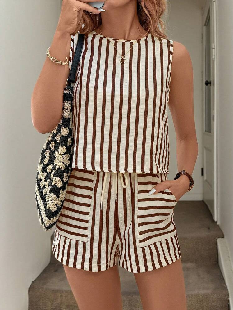 Easowa Women's Casual Striped Sleeveless Top And Pants 2 Pieces Set, Suitable For Summer Daily Wear | SHEIN
