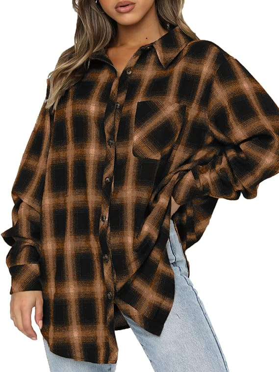 CHYRII Womens Button Down Flannel Shirts Long Sleeve Plaid Shackets Business Casual Blouse Top | Amazon (US)