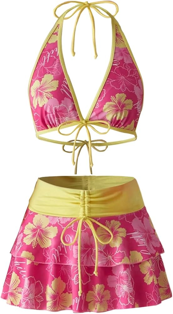 Floerns Women's 3 Piece Bikini Sets Boho Floral Print Halter Swimsuit Layered Ruffle Bathing Suit | Amazon (US)