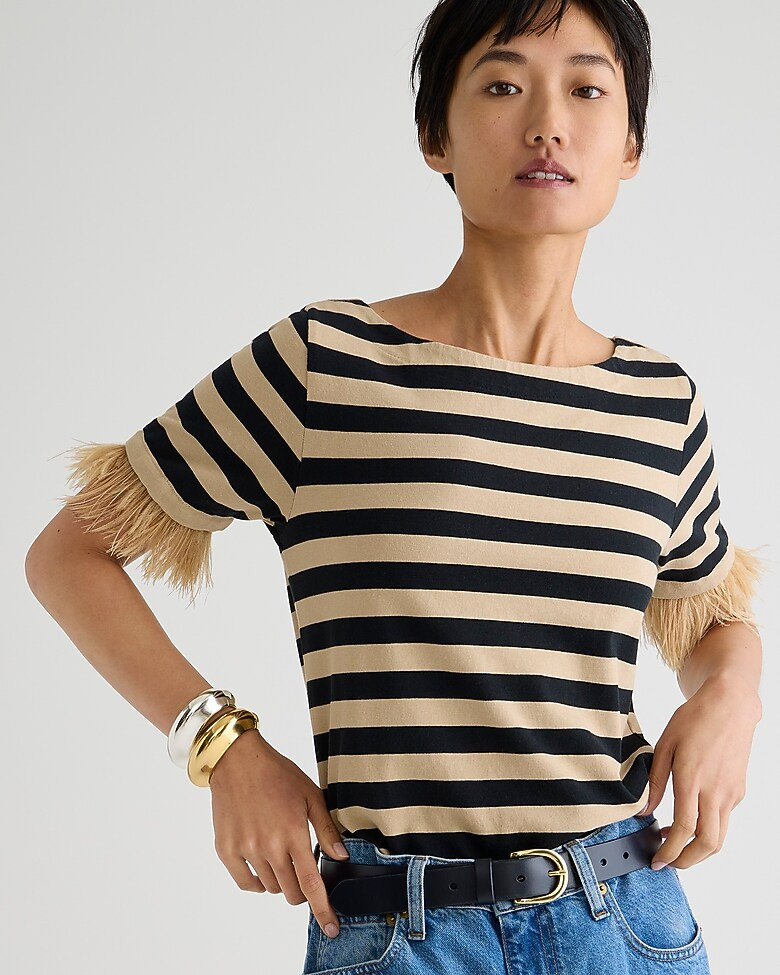 Mariner jersey cropped striped boatneck T-shirt with feathers | J. Crew US