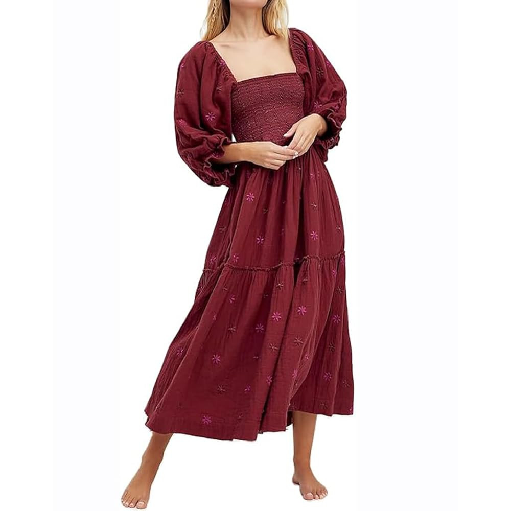 Women Floral Embroidered Maxi Dress Long Puff Sleeve Square Neck Bohemian Flowy Dress with Pocket... | Amazon (US)