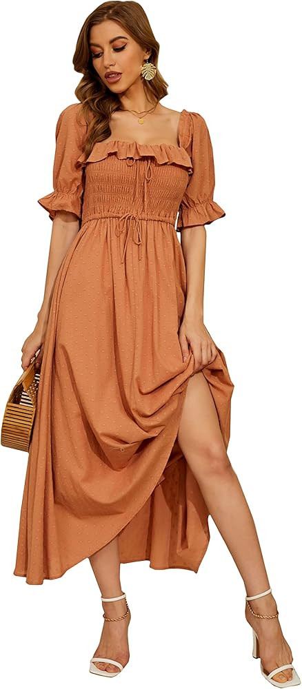 R.YIposha Women Vintage Elastic Square Neck Ruffled Half Sleeve Summer Backless Beach Flowy Maxi Dre | Amazon (US)