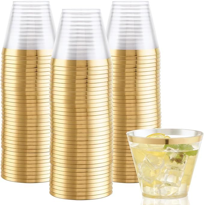 Hioasis 200PCS Gold Plastic Cups,9Oz Gold Rimmed Plastic Cups,Clear Plastic Cups with Gold Trim,H... | Amazon (US)