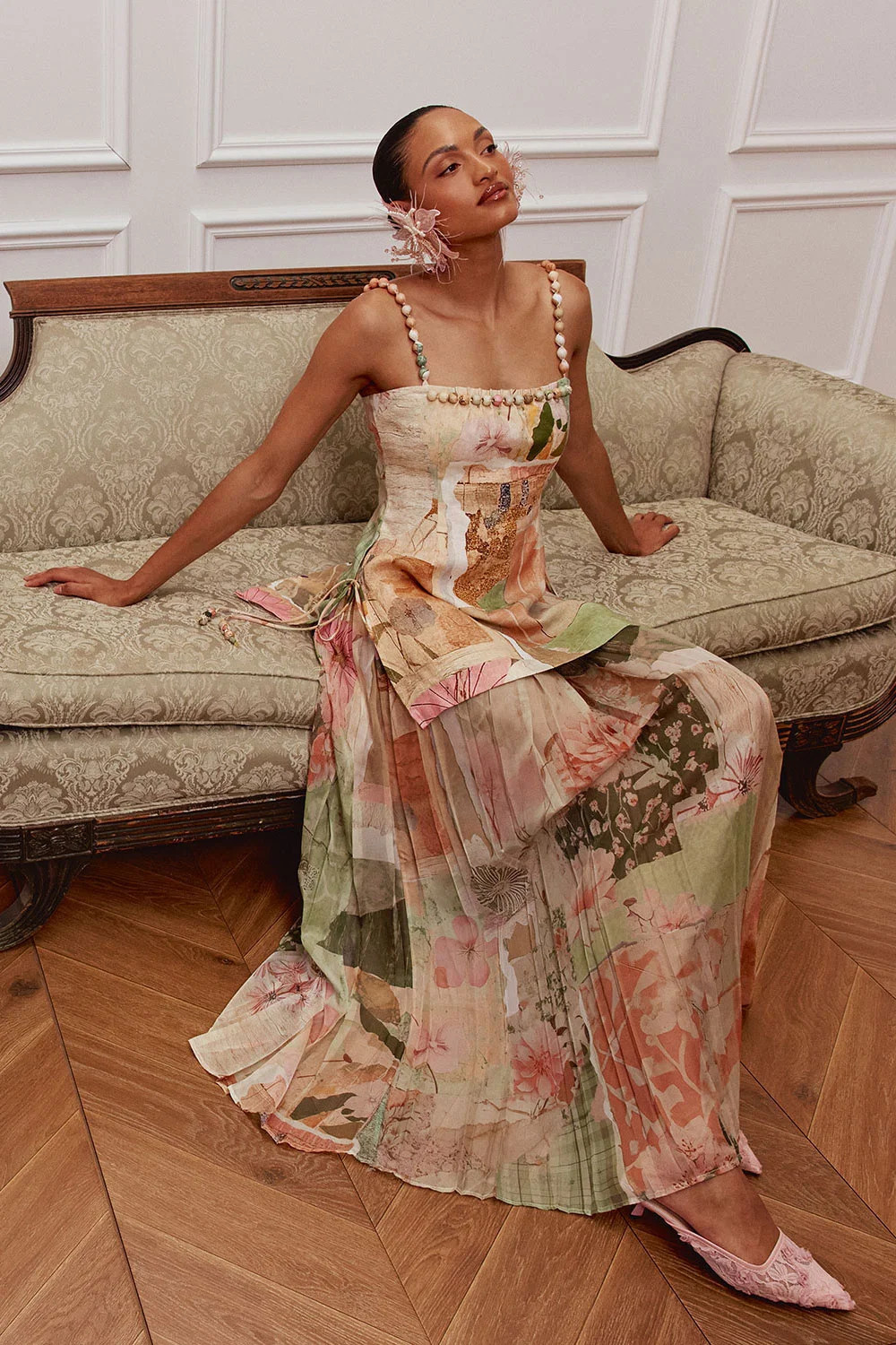 Green Strato Print Flared Maxi Catalana Dress | Sabo Skirt US