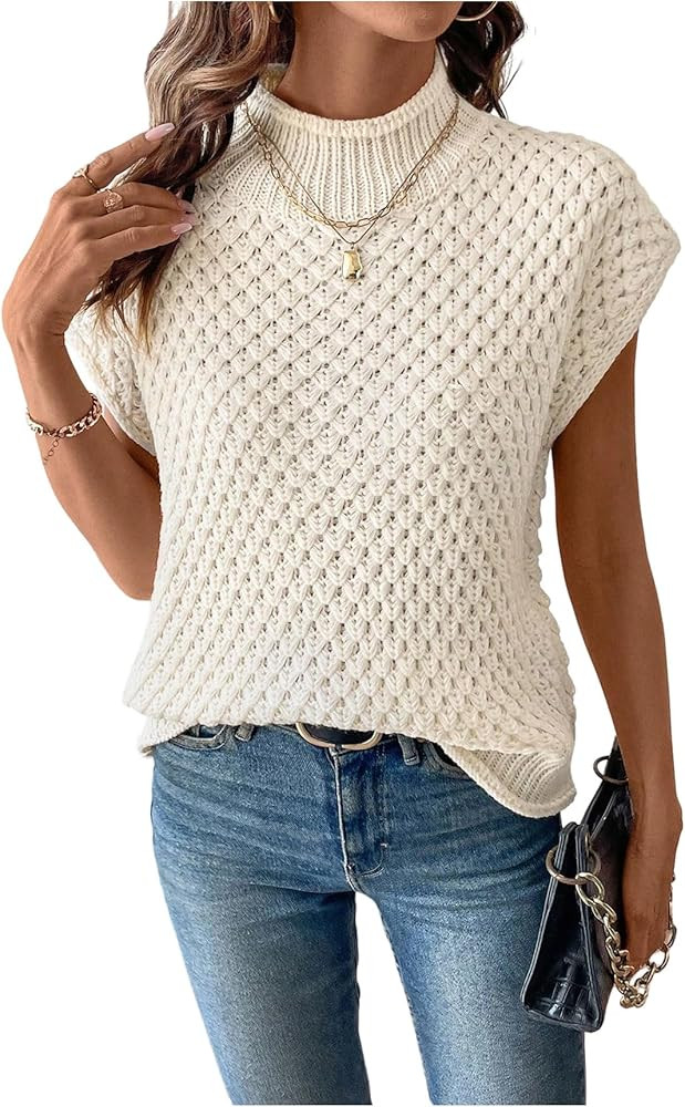 WDIRARA Women's Hollow Out Crochet Sweater Textured Dolman Sleeve Mock Neck Pullover Knit Tops | Amazon (US)